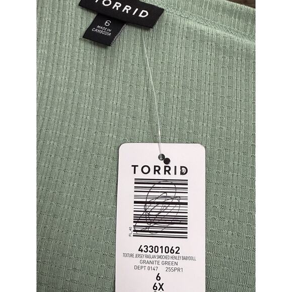 NEW Torrid Texture Jersey Raglan Smocked Henley Babydoll Top Green NWT 6 6X 30 - Picture 2 of 2